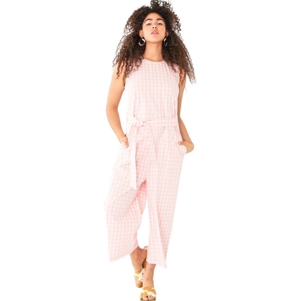 NWT BAN.DO Easy Picnic Plaid Pink 100% Cotton Jumpsuit Medium